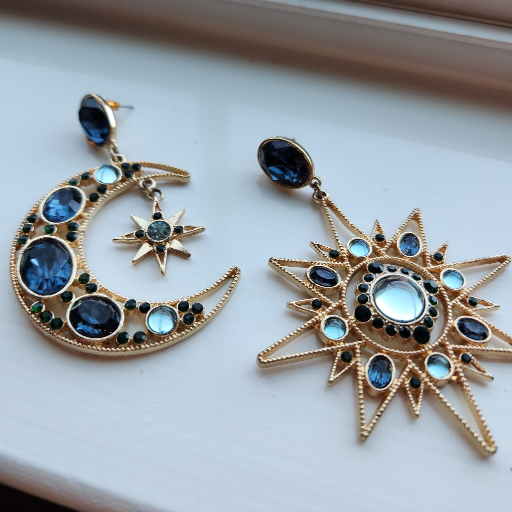 Lunar And Solar Gold Earrings With Blue Accents